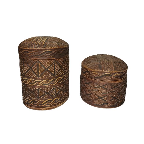2/Set Faux Carved Wood Canisters Oval-Cylinder Vanity Dresser Storage Boho - Picture 2 of 6